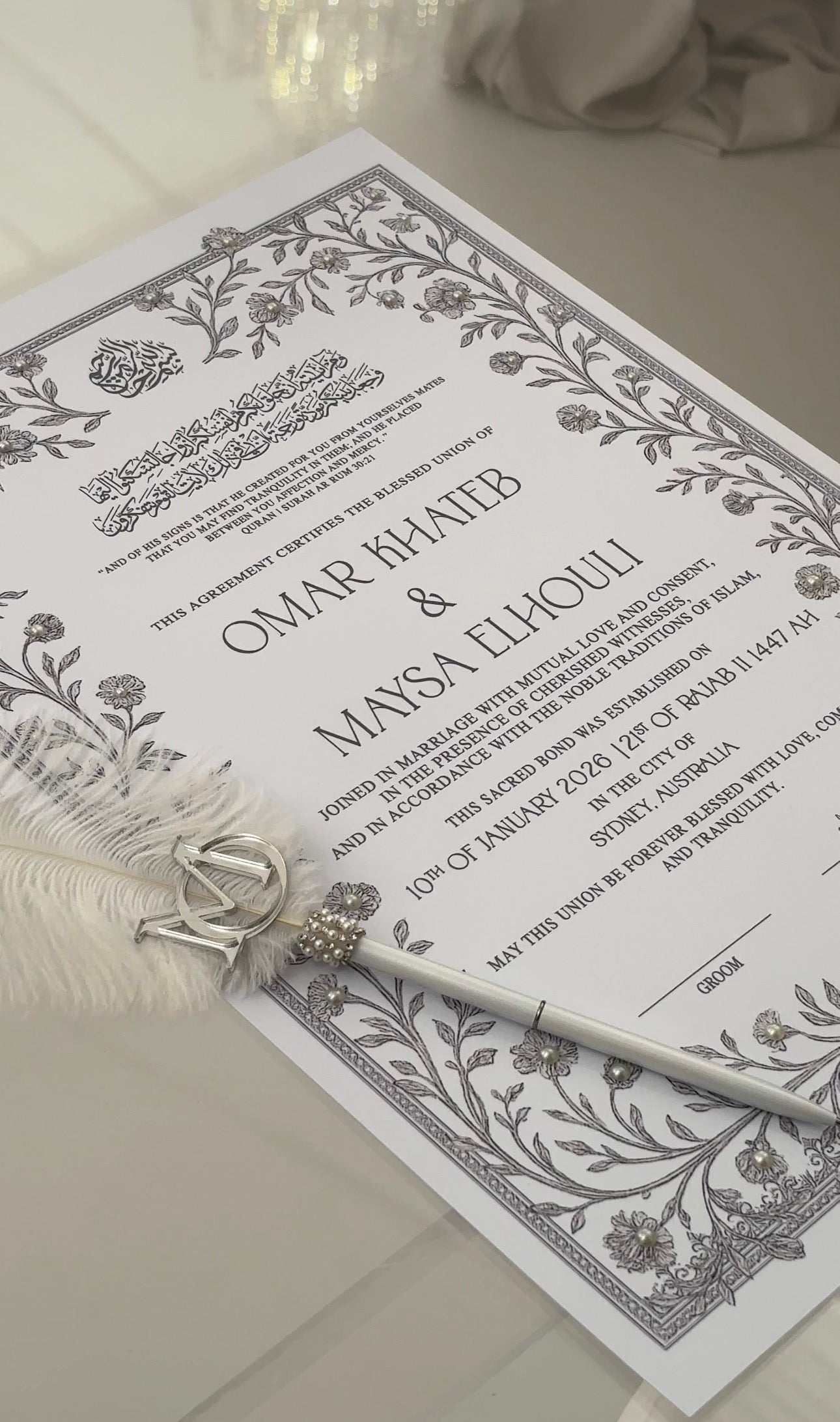 Pearl Embellished Nikkah Certificate - SILVER GREY