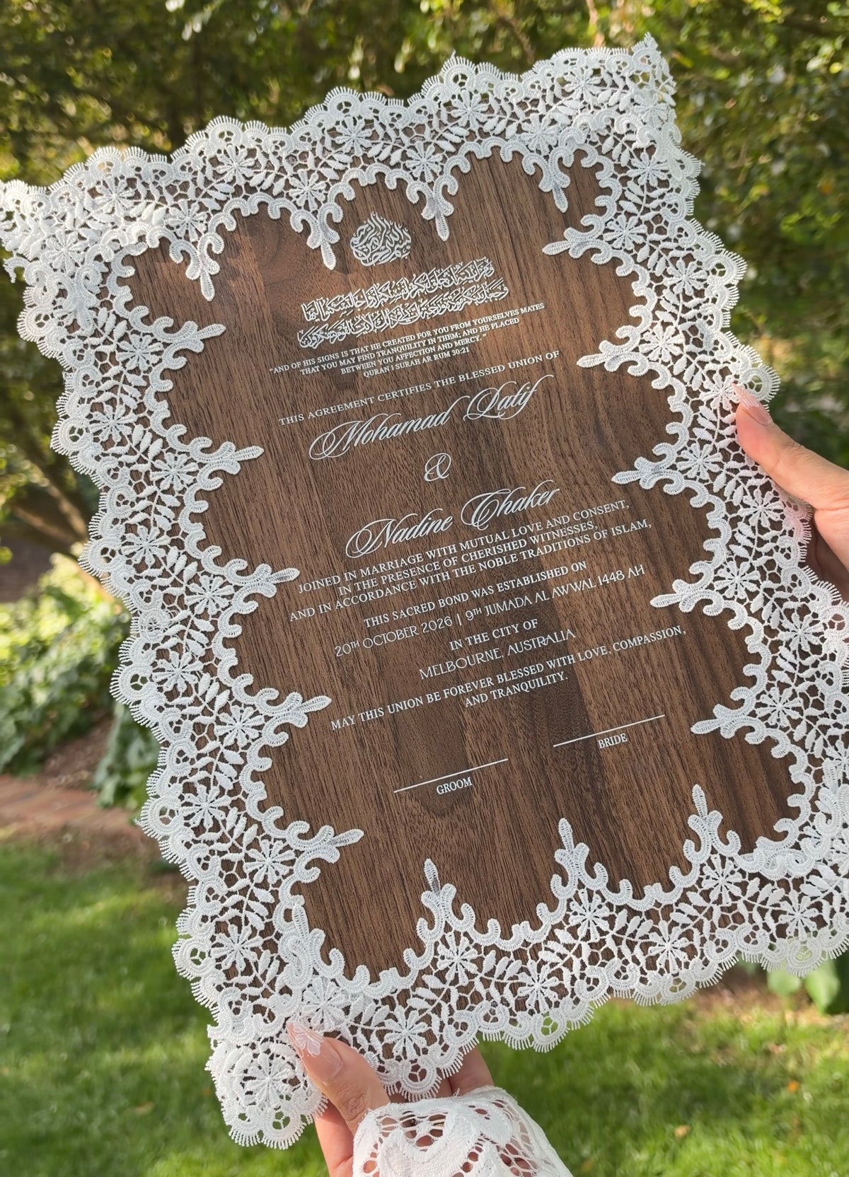 Vintage Lace Wooden Nikkah Certificate