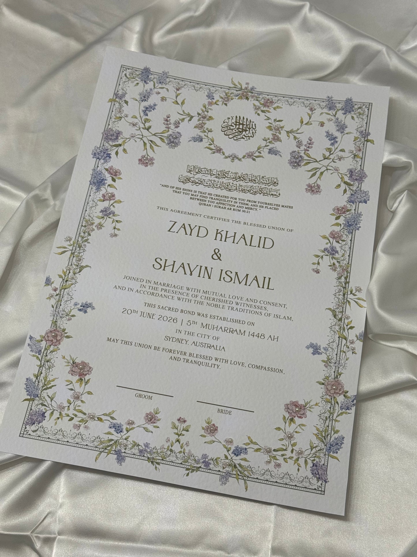 FLORAL Pearl Embellished Nikkah Certificate
