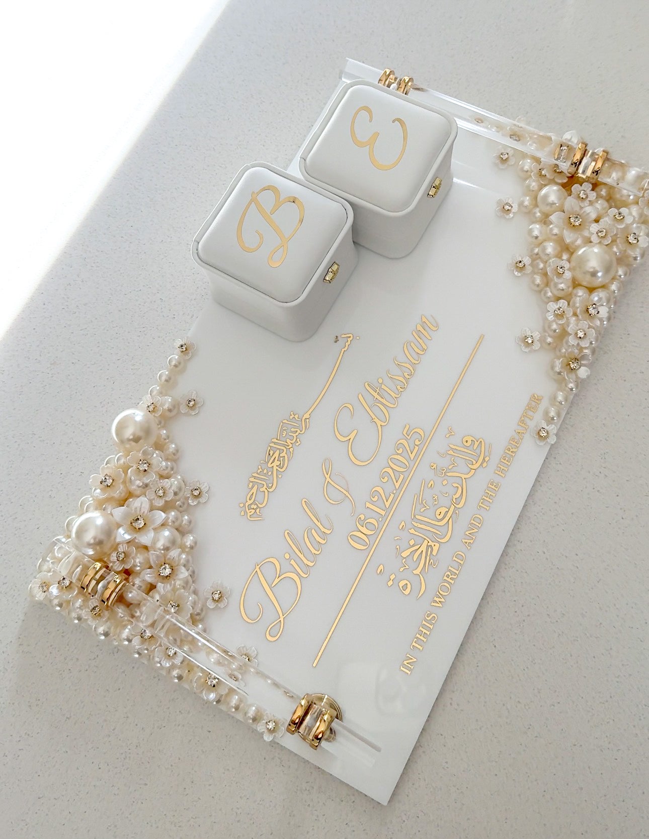 Rectangular Pearl Embellished Ring Tray with handles