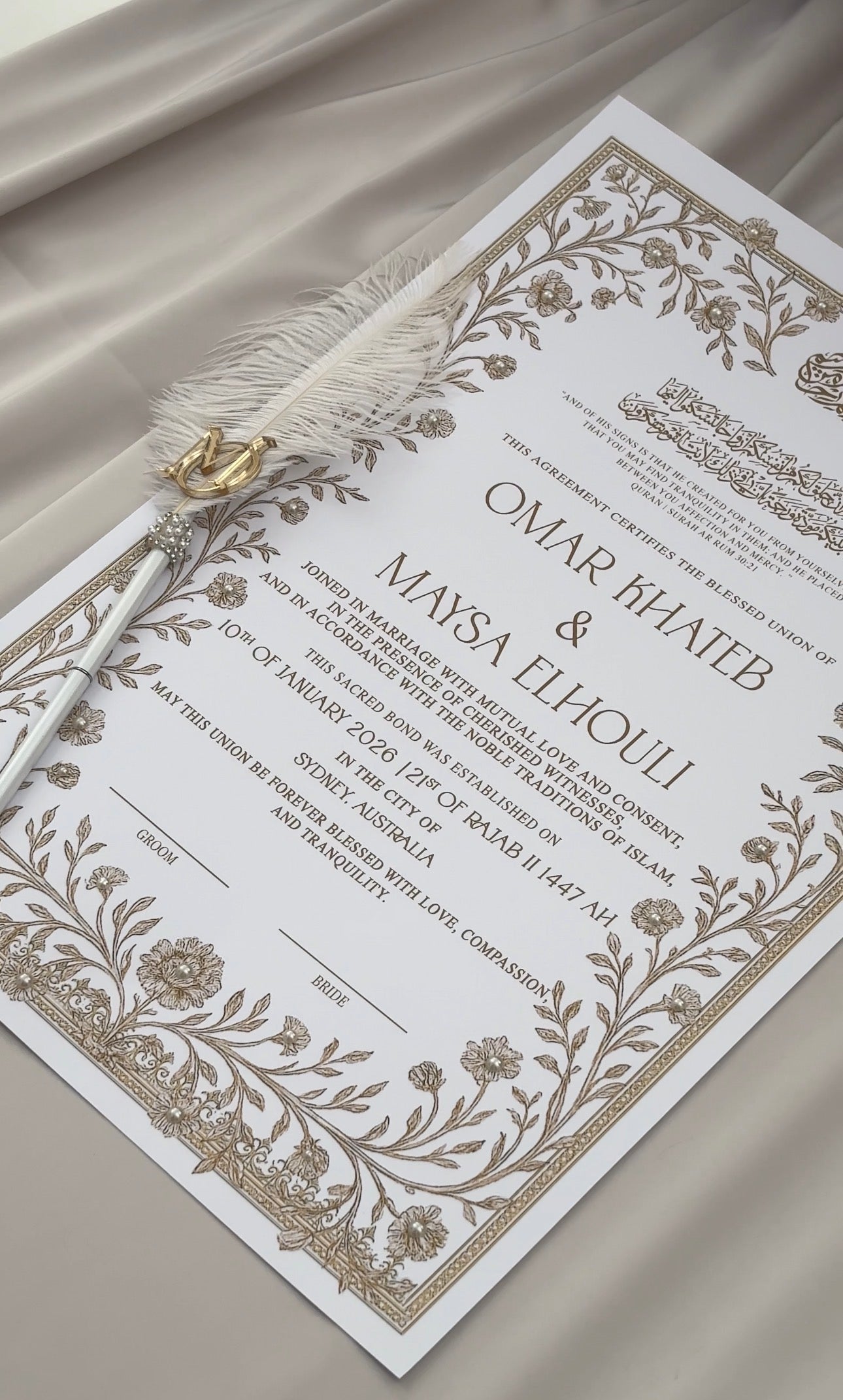 Pearl Embellished Nikkah Certificate - GOLD