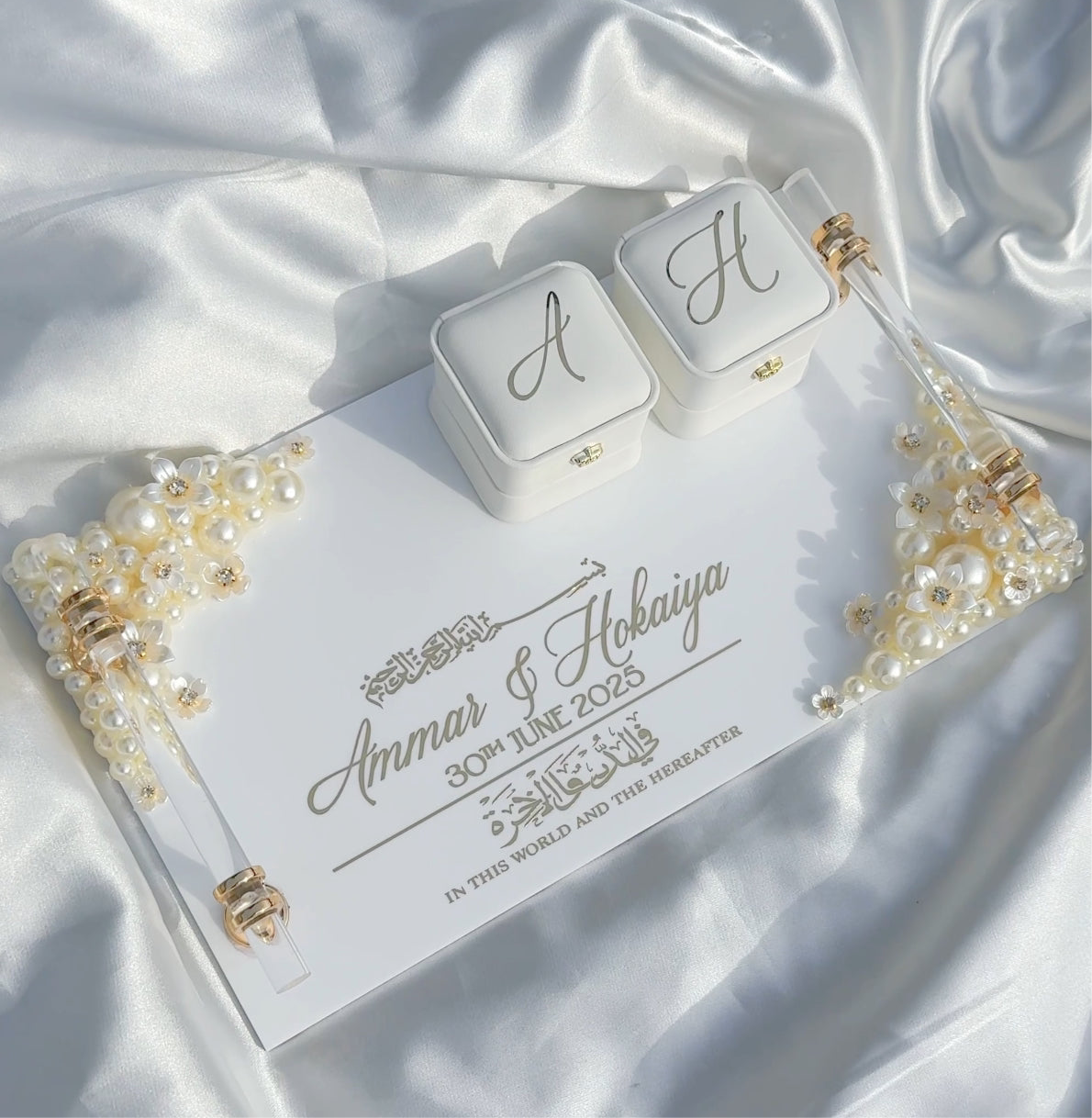 Rectangular Pearl Embellished Ring Tray with handles