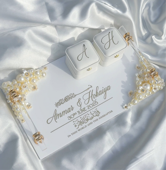 Rectangular Pearl Embellished Ring Tray with handles