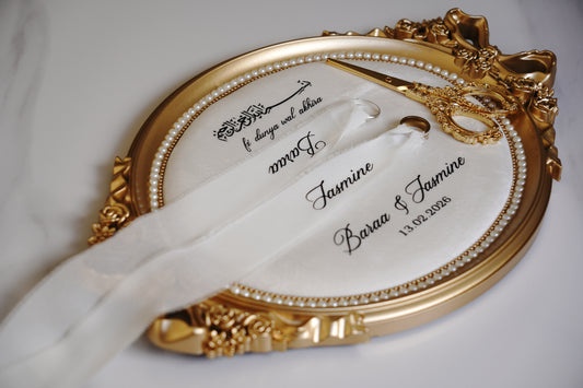 Vintage Velvet Ring Tray with ribbon and scissors