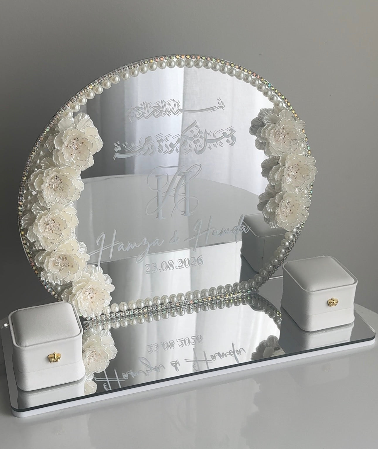 Standing Embellished Mirror Ring Tray Plaque with ring boxes