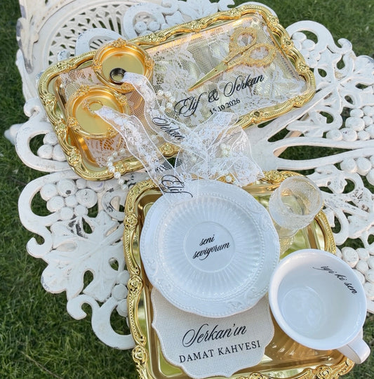 Gold Turkish Metallic Ring Tray / Groom Coffee Tray DAMAT KAHVESI