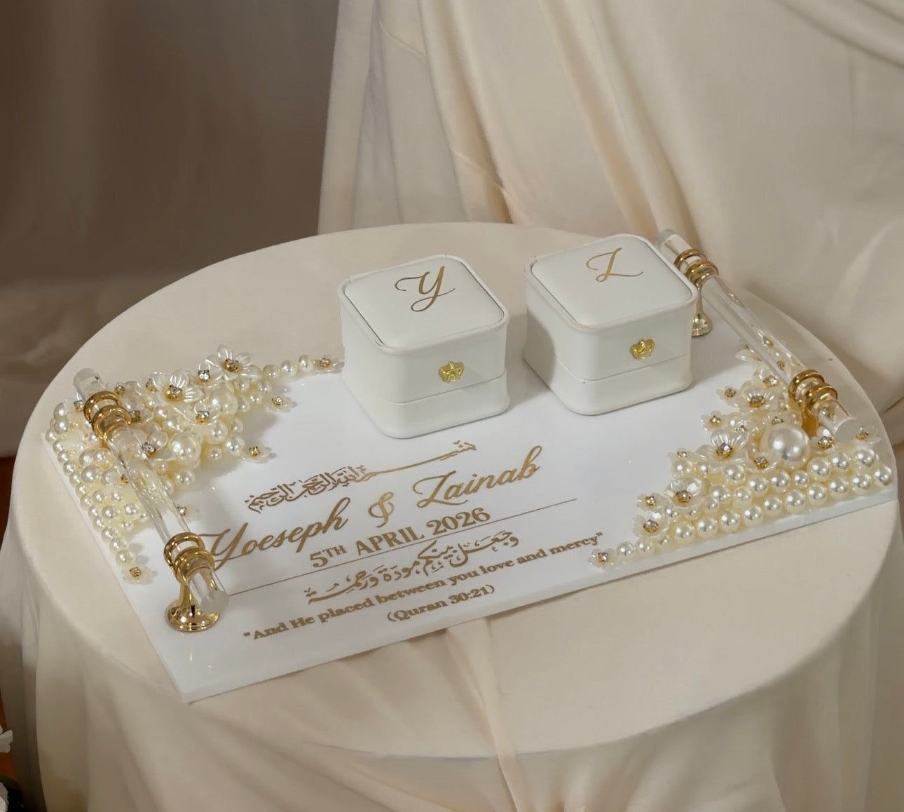 Rectangular Pearl Embellished Ring Tray with handles