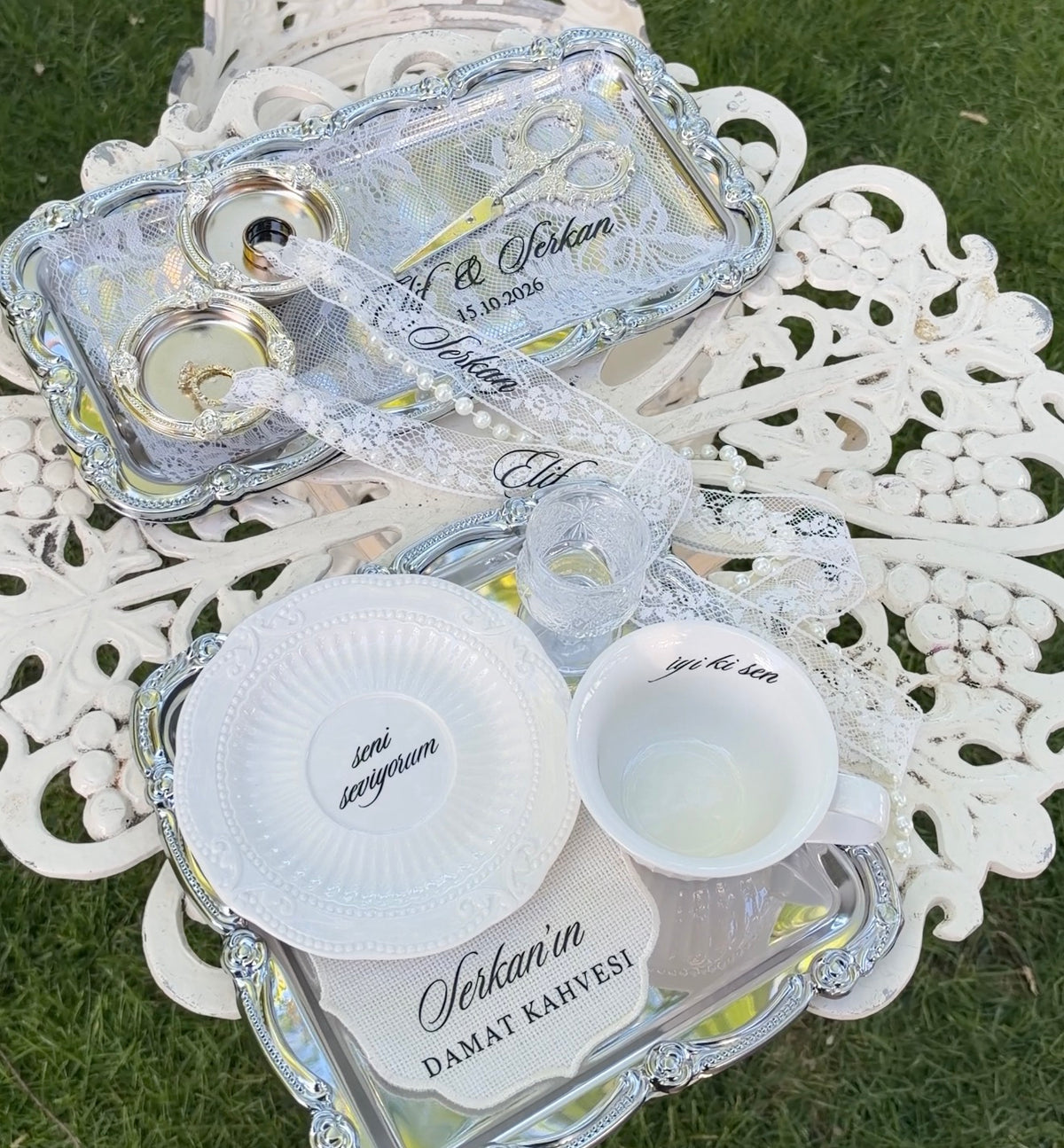 Silver Turkish Metallic Ring Tray / Groom Coffee Tray DAMAT KAHVESI