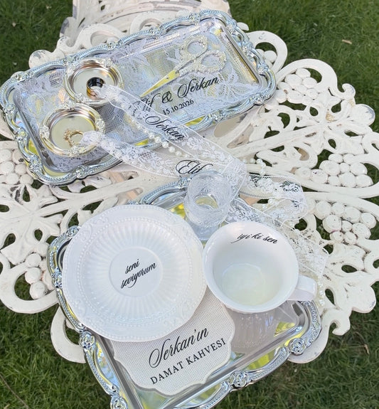 Silver Turkish Metallic Ring Tray / Groom Coffee Tray DAMAT KAHVESI