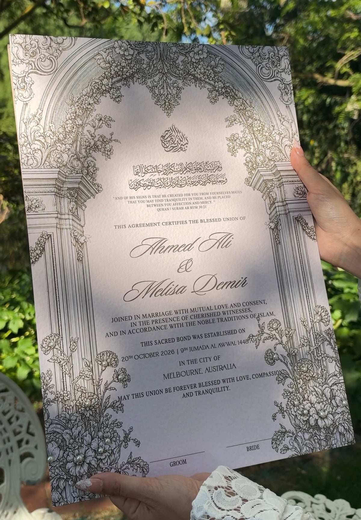 Vintage Pearl Embellished Nikkah Certificate