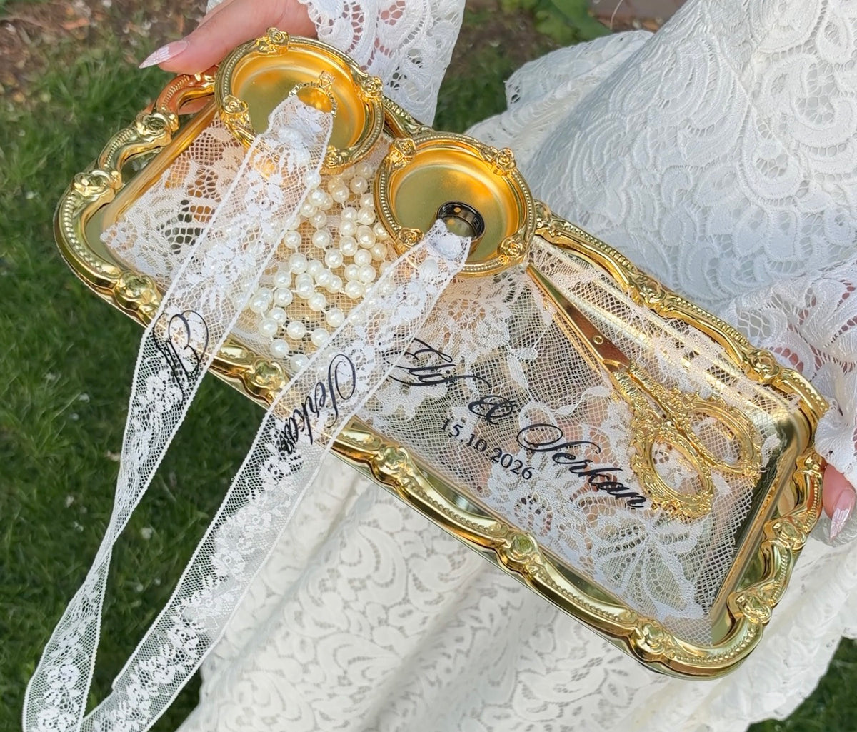 Gold Turkish Metallic Ring Tray / Groom Coffee Tray DAMAT KAHVESI