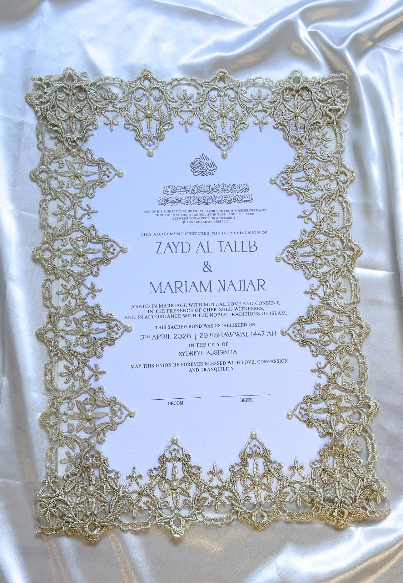 Beige Gold Lace and Pearl Embellished Nikkah Certificate