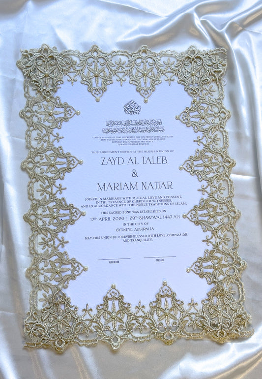 Beige Gold Lace and Pearl Embellished Nikkah Certificate