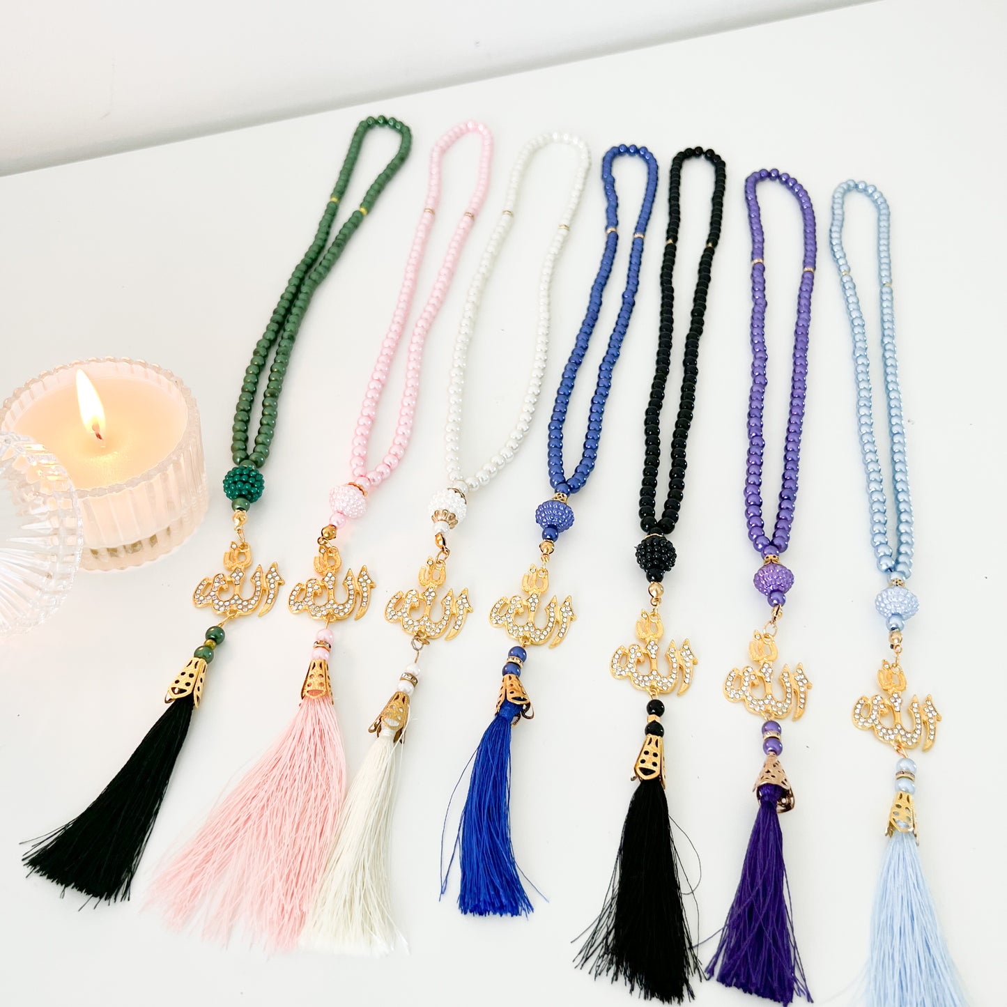 99 Bead Pearl Tasbih/ Mishaba with Allah Pendant (White, Black, Pink, Navy, Purple, Light Blue and Green)